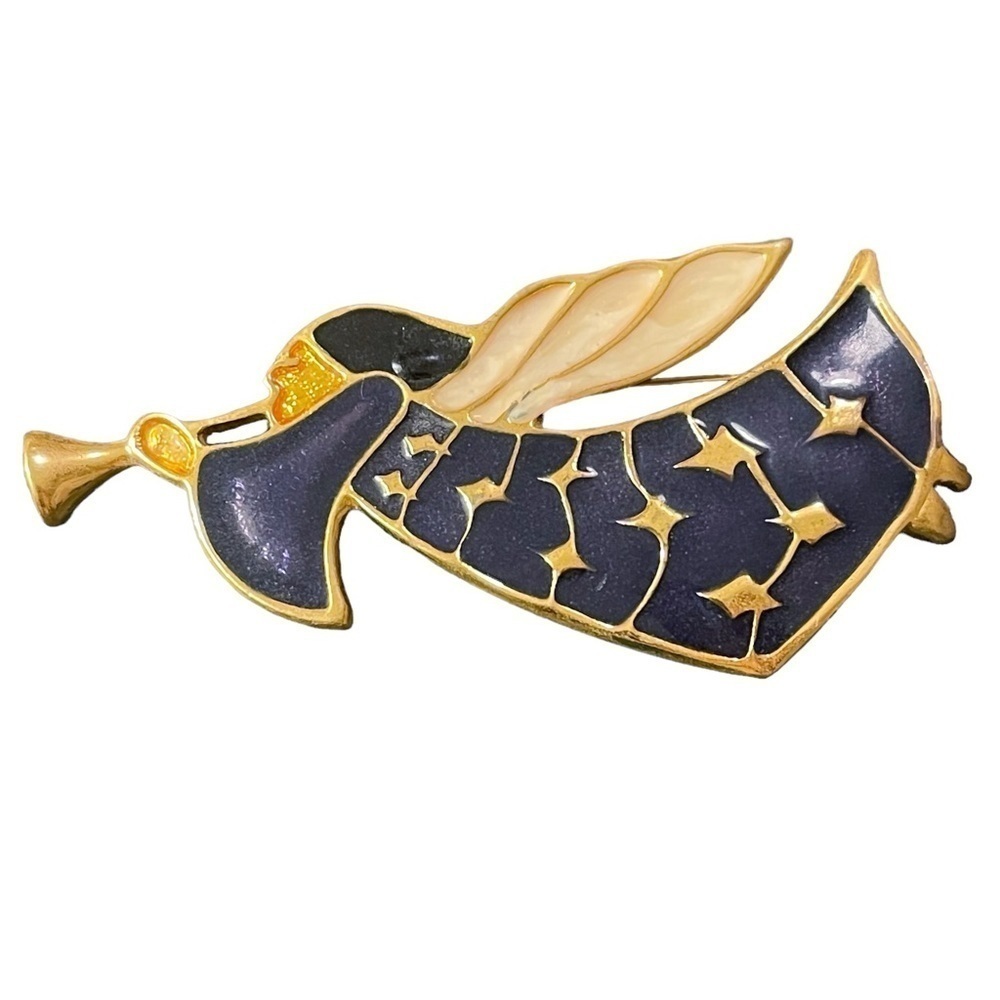Vintage Christmas Trumpet Angel Dark Pearled Purple Enamel &‎ Gold Brooch Pin